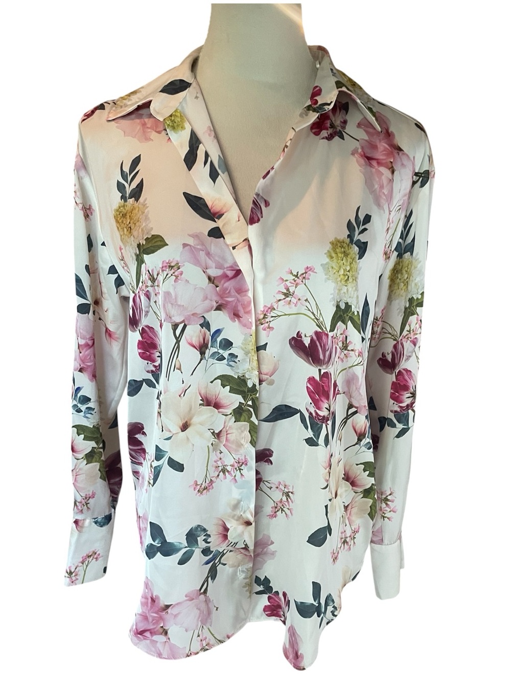 Zara Satin-Effect Floral Print Button-Down Blouse